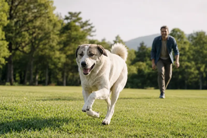 Ein aktiver Akbas Hund läuft fröhlich über eine grüne Wiese, während sein Besitzer im Hintergrund mit ihm spielt.