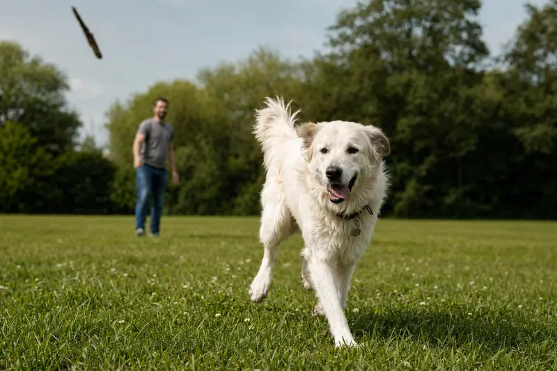 Ein Akbash Hund läuft fröhlich über eine grüne Wiese, während sein Besitzer im Hintergrund spielt.
