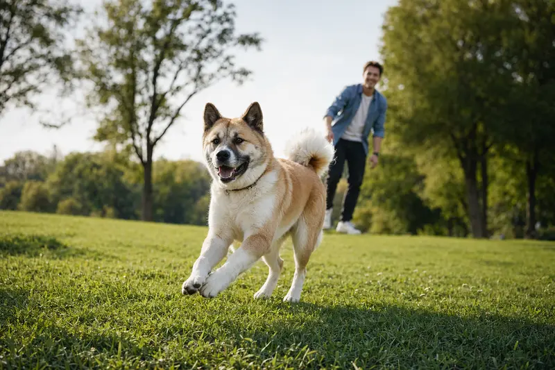 Ein vitaler Akita Hund läuft fröhlich über eine grüne Wiese im Park, während sein Besitzer im Hintergrund spielt.
