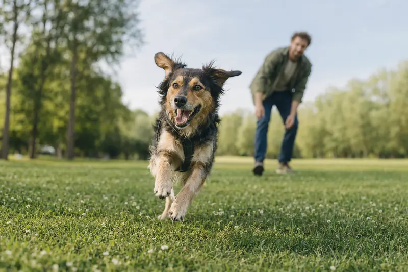 Ein vitaler Alaunt Hund läuft fröhlich über eine grüne Wiese, während sein Besitzer im Hintergrund mit ihm spielt.