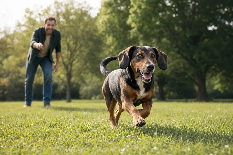 Ein Alpenländische Dachsbracke Hund läuft fröhlich über eine grüne Wiese, während sein Besitzer im Hintergrund spielt, an einem sonnigen Tag.