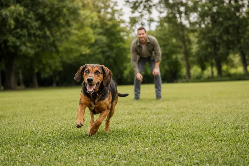 Ein fröhlicher Alpenländische-Erzgebirgler Dachsbracke Hund läuft über eine grüne Wiese, während sein Besitzer im Hintergrund mit ihm spielt.