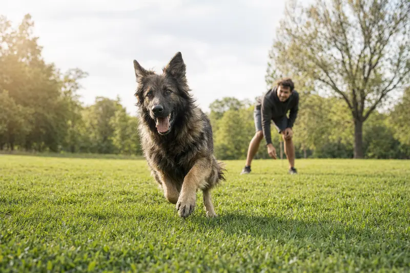 Ein fröhlicher Altdeutscher Schäferhund läuft über eine grüne Wiese, während sein Besitzer im Hintergrund spielt.