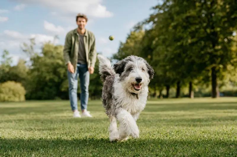 Ein fröhlicher Altenglischer Schäferhund läuft über eine grüne Wiese, während sein Besitzer im Hintergrund mit ihm spielt.