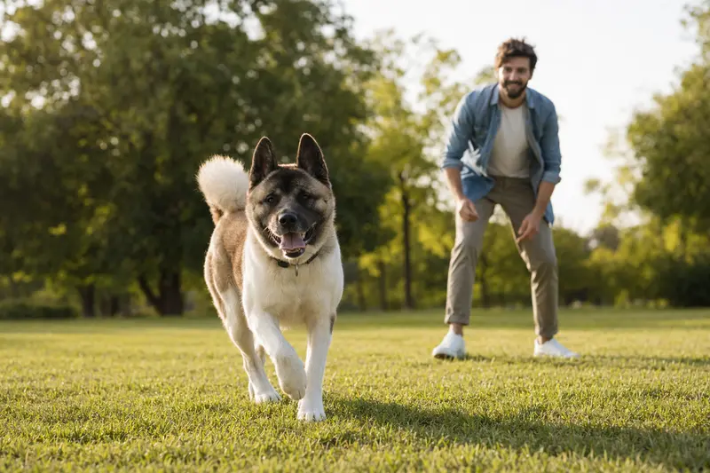 Ein gesunder American Akita läuft fröhlich über eine grüne Wiese im Park, während sein Besitzer im Hintergrund mit ihm spielt.