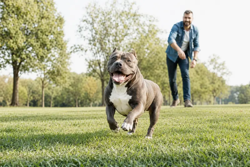 Ein vitaler American Bully Hund läuft fröhlich über eine grüne Wiese, während sein Besitzer im Hintergrund spielt.