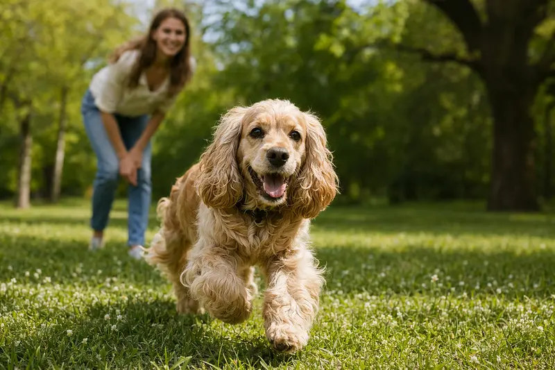 Ein fröhlicher American Cocker Spaniel läuft über eine grüne Wiese, während sein Besitzer im Hintergrund spielt.