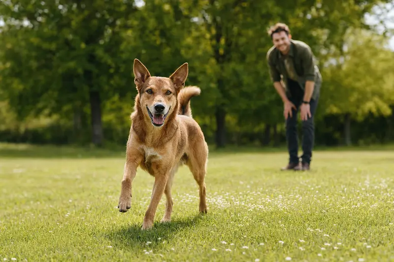 Ein fröhlicher American Dingo Hund läuft über eine grüne Wiese, während sein Besitzer im Hintergrund spielt.