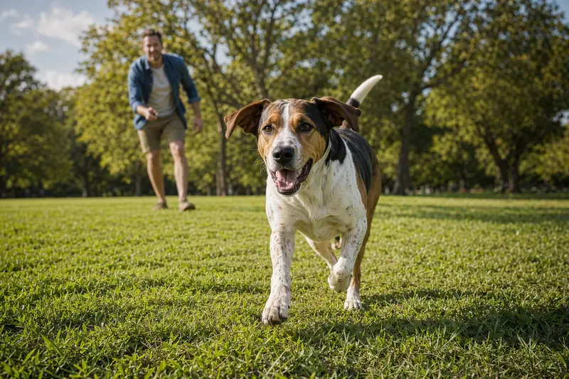Ein fröhlicher American Foxhound rennt über eine grüne Wiese, während sein Besitzer im Hintergrund spielt.