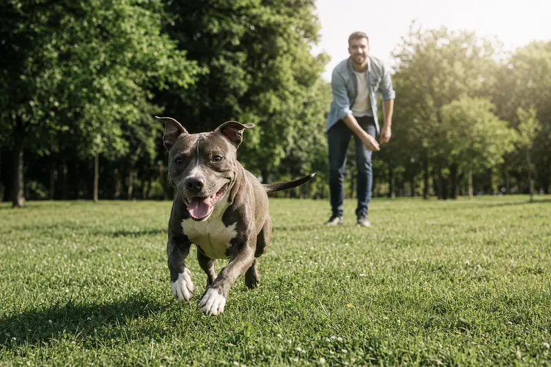 Ein fröhlicher American Pit Bull Terrier läuft über eine grüne Wiese, während sein Besitzer im Hintergrund mit ihm spielt.