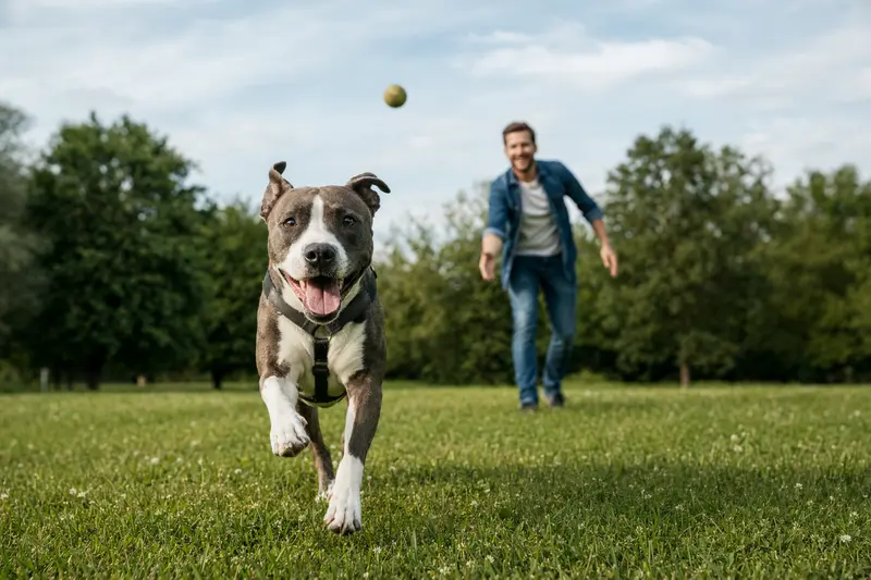 Ein fröhlich laufender American Staffordshire Terrier auf einer grünen Wiese im Park, während sein Besitzer im Hintergrund mit ihm spielt.