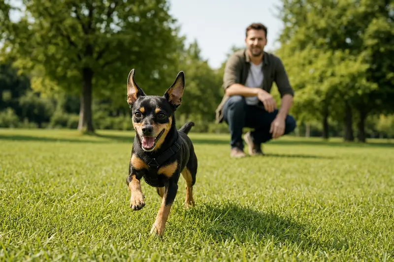 Ein fröhlicher American Toy Terrier läuft über eine grüne Wiese, während sein Besitzer im Hintergrund spielt.