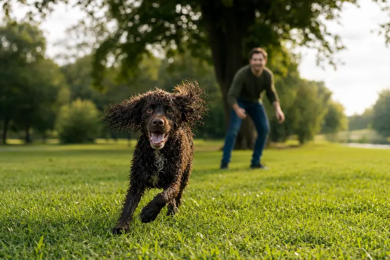 Ein fröhlicher American Water Spaniel Hund läuft über eine grüne Wiese, während sein Besitzer im Hintergrund mit ihm spielt.