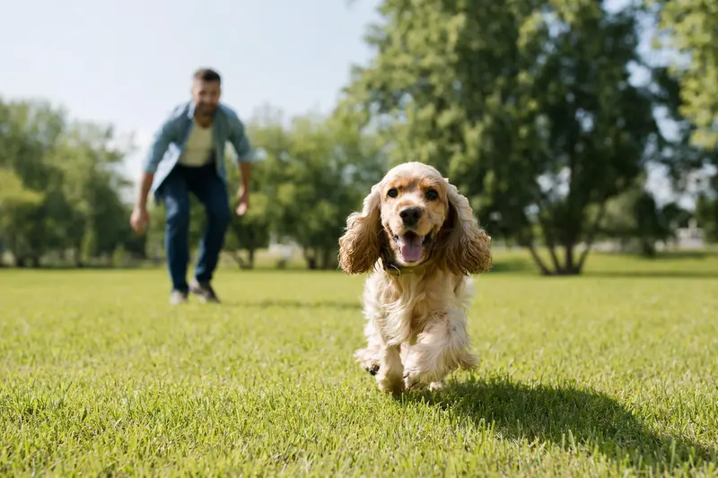 Ein vitaler Amerikanischer Cocker Spaniel läuft fröhlich über eine grüne Wiese, während sein Besitzer im Hintergrund mit ihm spielt.