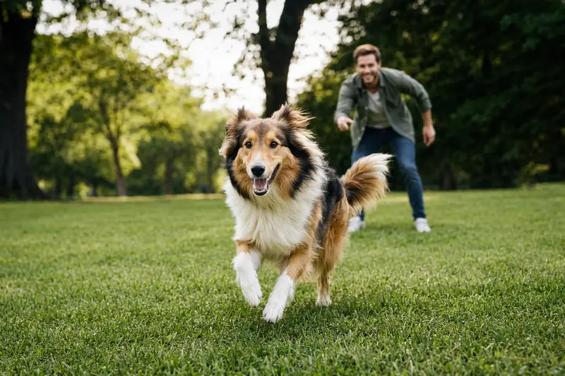 Ein vitaler Amerikanischer Collie rennt fröhlich über eine grüne Wiese, während sein Besitzer im Hintergrund mit ihm spielt und die Sonne scheint.