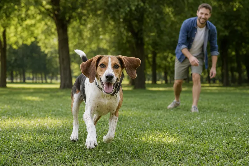 Ein vitaler Amerikanischer Foxhound läuft fröhlich über eine grüne Wiese, während sein Besitzer im Hintergrund mit ihm spielt.