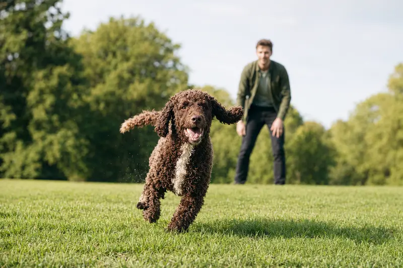 Ein vitaler Amerikanischer Wasserspaniel rennt glücklich über eine grüne Wiese, während sein Besitzer im Hintergrund spielt.