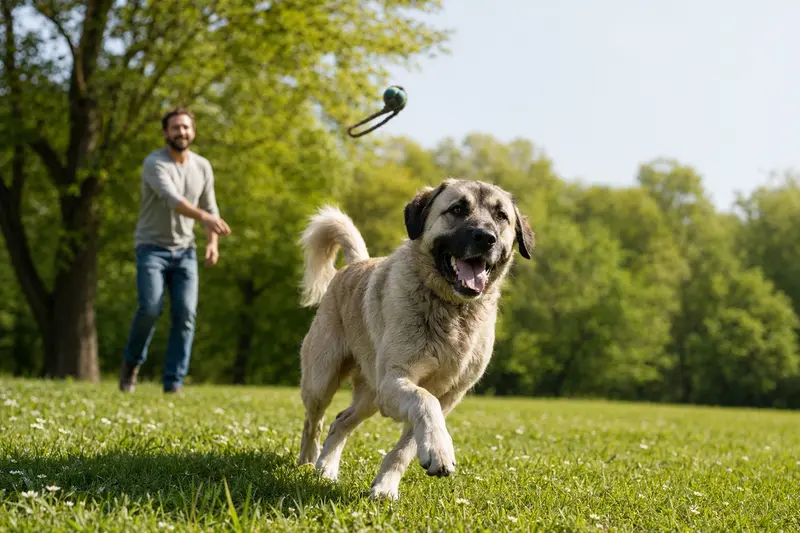 Ein fröhlicher Anatolischer Hirtenhund läuft über eine grüne Wiese, während sein Besitzer im Hintergrund spielt, was aktive Tiergesundheit zeigt.
