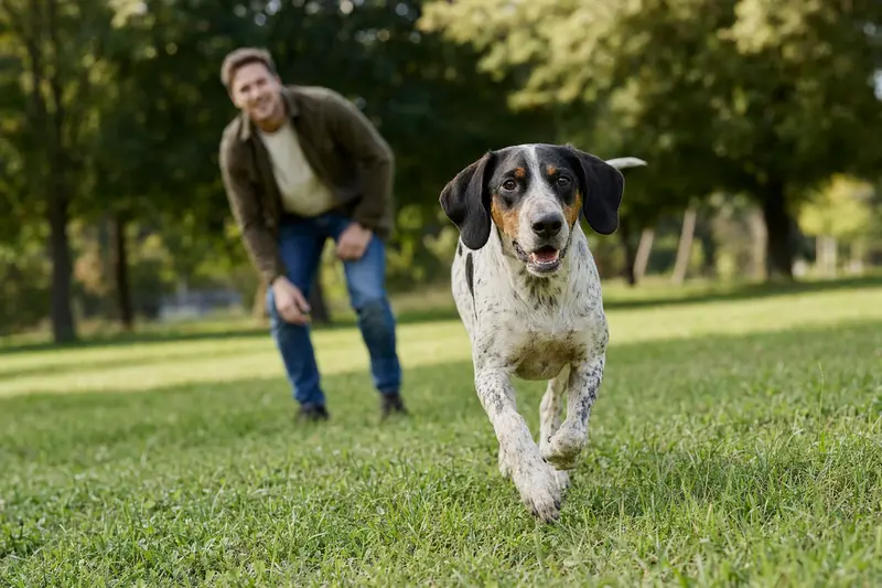 Ein vitaler Anglo Francais de Petite Venerie Hund läuft fröhlich über eine grüne Wiese, während der Besitzer im Hintergrund spielt.