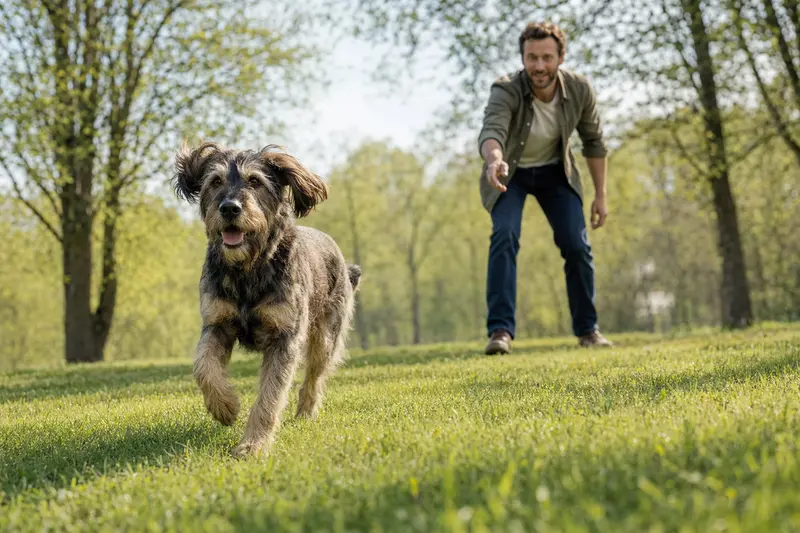 Ein fröhlicher Ardennen-Treibhund rennt spielerisch über eine grüne Wiese, während sein Besitzer im Hintergrund mit ihm interagiert.