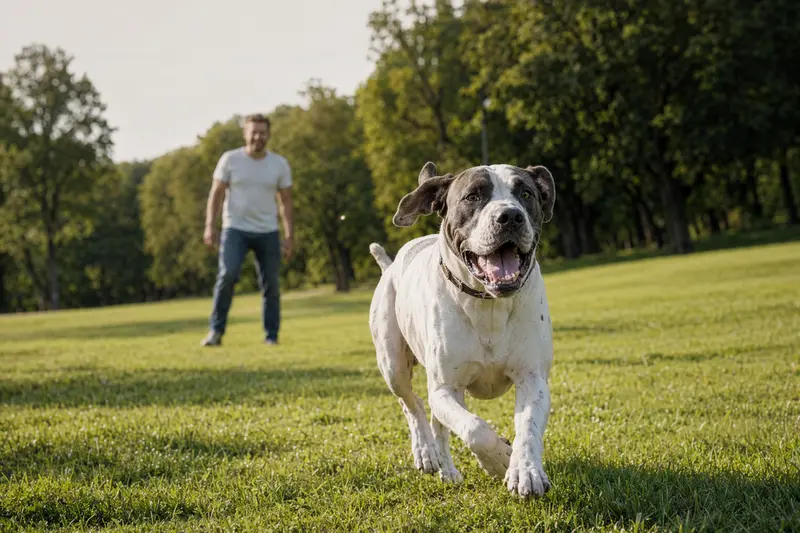 Eine vitale Argentinische Dogge läuft fröhlich über eine grüne Wiese, während der Besitzer im Hintergrund mit ihm spielt.