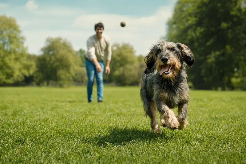 Ein vitaler Ariégeois Hund läuft fröhlich über eine grüne Wiese, während sein Besitzer im Hintergrund mit ihm spielt.