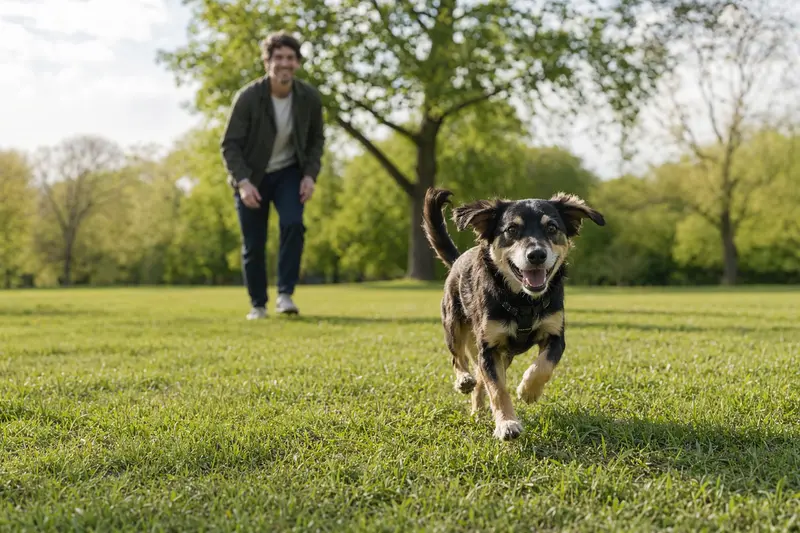 Ein vitaler Armant Hund läuft fröhlich über eine grüne Wiese, während sein Besitzer im Hintergrund mit ihm spielt.