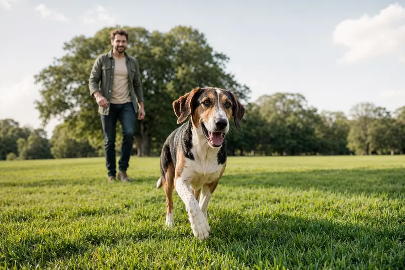 Ein fröhlicher Artois Hound Hund läuft über eine grüne Wiese, während sein Besitzer im Hintergrund spielt.