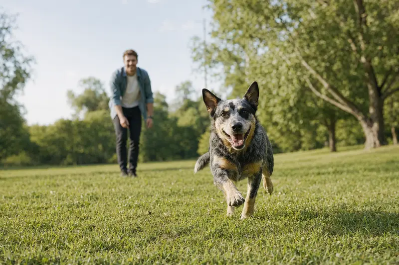 Ein fröhlicher Australian Cattle Dog läuft über eine grüne Wiese, während sein Besitzer im Hintergrund mit ihm spielt.