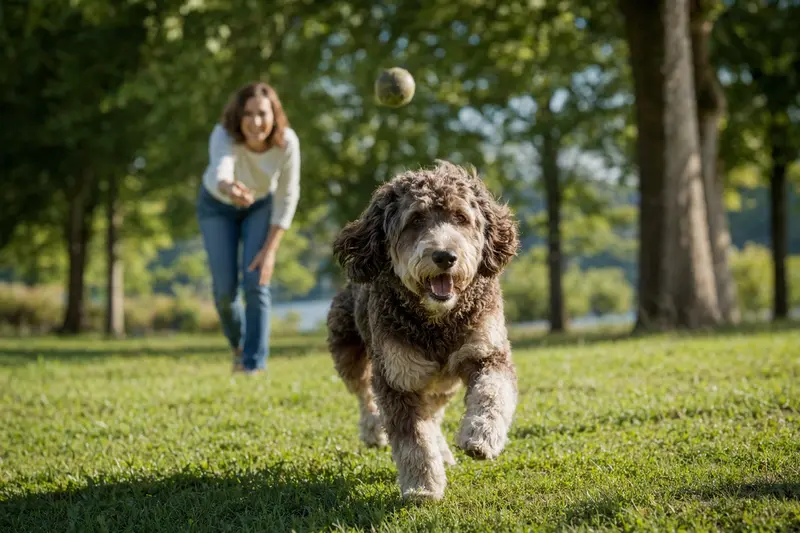 Ein vitaler Australian Cobberdog läuft fröhlich über eine grüne Wiese im Park, während sein Besitzer im Hintergrund mit ihm spielt.