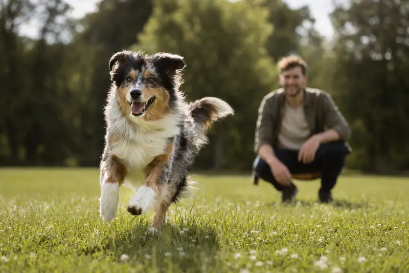 Ein fröhlicher Australian Shepherd läuft über eine grüne Wiese, während sein Besitzer im Hintergrund spielt.