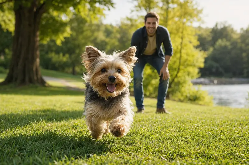 Ein fröhlicher Australian Silky Terrier läuft über eine grüne Wiese, während sein Besitzer im Hintergrund mit ihm spielt.