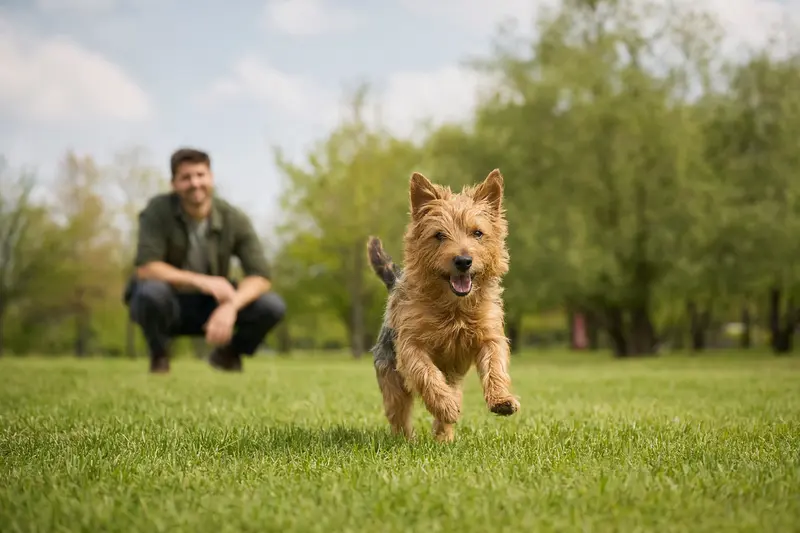 Fröhlicher Australian Terrier läuft über eine grüne Wiese, während sein Besitzer mit ihm spielt.
