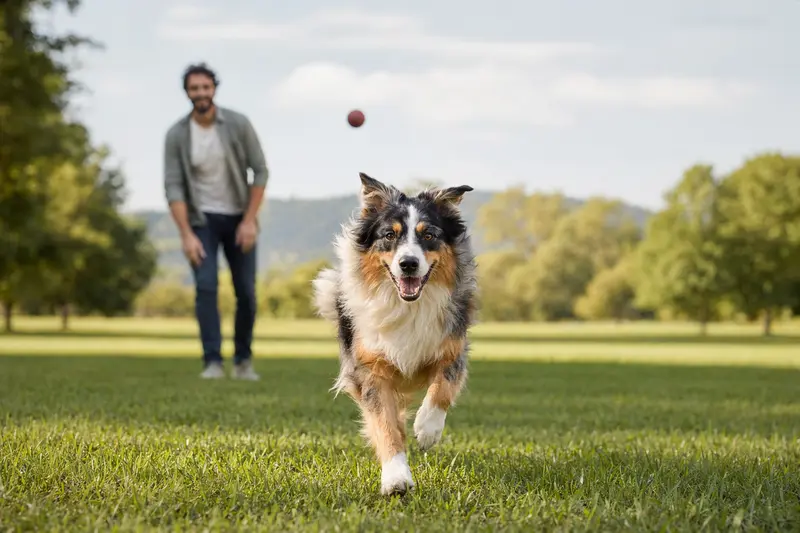 Ein vitaler Australischer Schäferhund läuft fröhlich über eine grüne Wiese im Park.