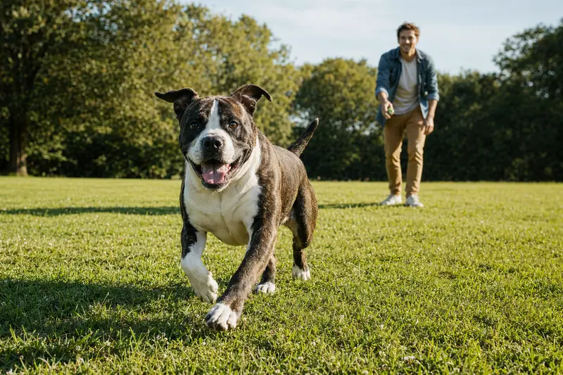 Ein vitaler Azoren-Bulldogge Hund läuft fröhlich über eine grüne Wiese, während sein Besitzer im Hintergrund mit ihm spielt und das Sonnenlicht genossen wird.