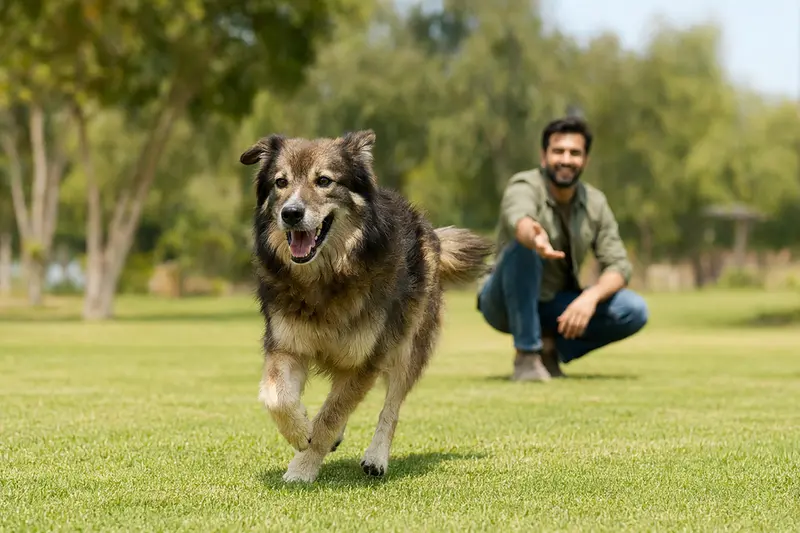 Ein fröhlicher Bakarwal Hund läuft über eine grüne Wiese, während sein Besitzer im Hintergrund spielt.