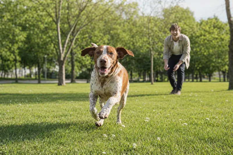 Ein Balearen Laufhund läuft fröhlich über eine grüne Wiese, während sein Besitzer im Hintergrund mit ihm spielt und die Sonne scheint.