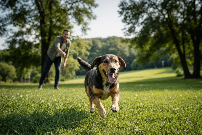 Ein fröhlicher Balkanski Gonic Hund läuft aktiv über eine grüne Wiese, während sein Besitzer im Hintergrund mit ihm spielt.