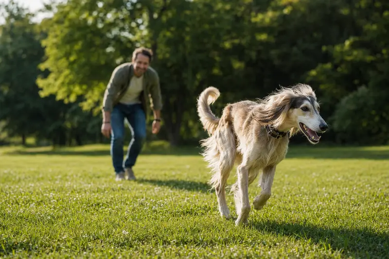 Ein fröhlicher Balutschi-Windhund läuft über eine grüne Wiese, während sein Besitzer im Hintergrund spielt, an einem sonnigen Tag.