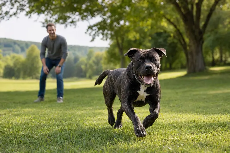 Ein vitaler Bandog Hund läuft fröhlich über eine grüne Wiese, während sein Besitzer im Hintergrund spielt.
