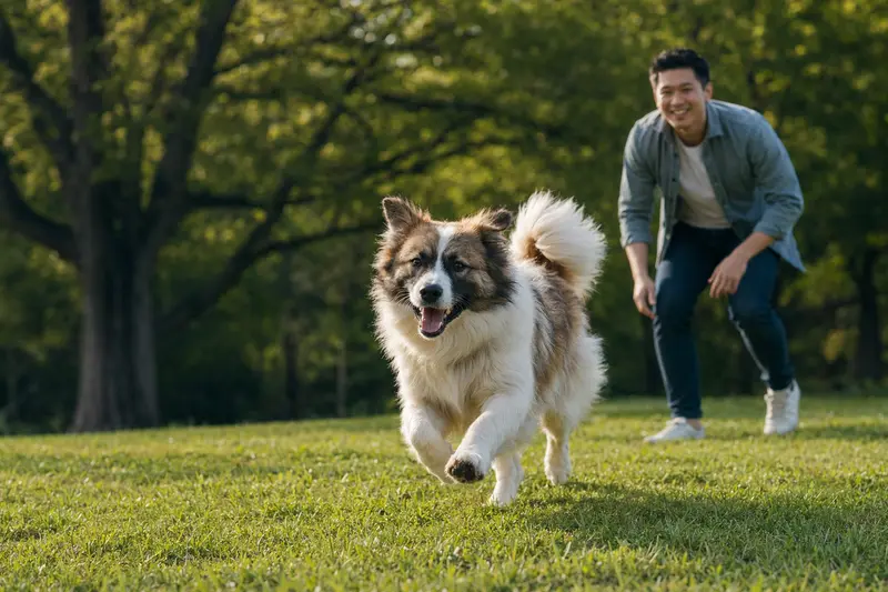 Ein fröhlicher Bangkaew Dog läuft über eine grüne Wiese, während sein Besitzer im Hintergrund spielt.