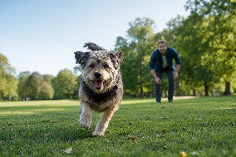 Ein Barac Hund läuft fröhlich über eine grüne Wiese, während sein Besitzer im Hintergrund spielt.