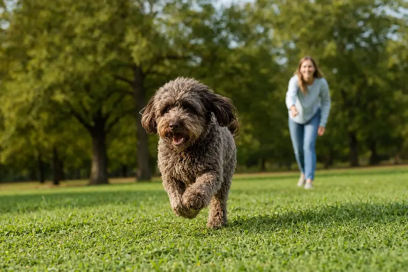 Ein fröhlicher Barbet Hund läuft aktiv über eine grüne Wiese, während sein Besitzer im Hintergrund mit ihm spielt.