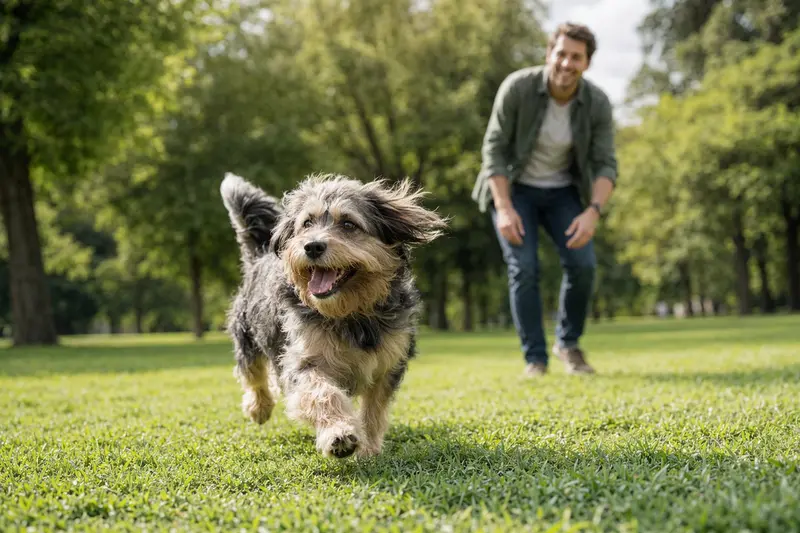Ein vitaler Bardino Hund rennt fröhlich über eine grüne Wiese, während sein Besitzer im Hintergrund mit ihm spielt.