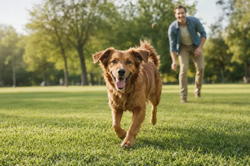 Ein lebhafter Bas-Rouge Hund läuft fröhlich über eine grüne Wiese, während sein Besitzer im Hintergrund spielt.