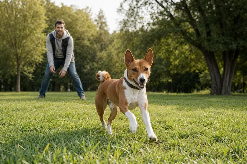 Ein fröhlicher Basenji Hund läuft über eine grüne Wiese, während sein Besitzer im Hintergrund mit ihm spielt.