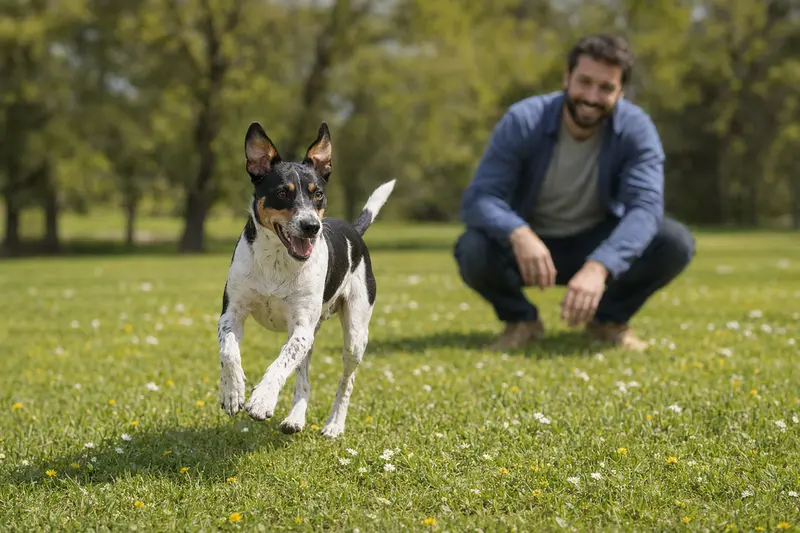 Ein aktiver Baskischer Ratero Hund läuft fröhlich über eine grüne Wiese, während sein Besitzer im Hintergrund spielt.