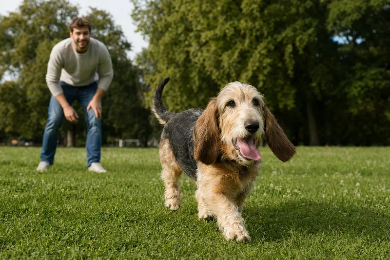 Ein Basset d'Artois Hund springt fröhlich über eine grüne Wiese, während sein Besitzer im Hintergrund mit ihm spielt.