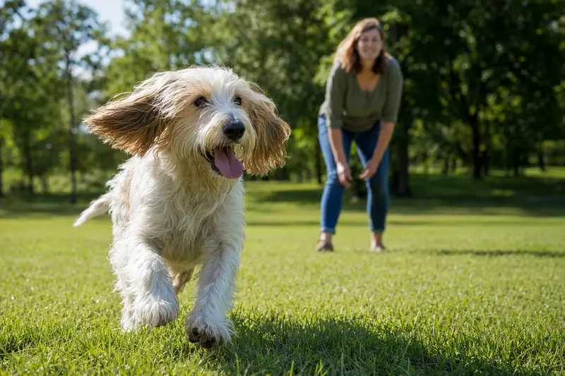 Ein fröhlicher Basset Griffon Vendeen Hund läuft über eine grüne Wiese, während sein Besitzer im Hintergrund mit ihm spielt.