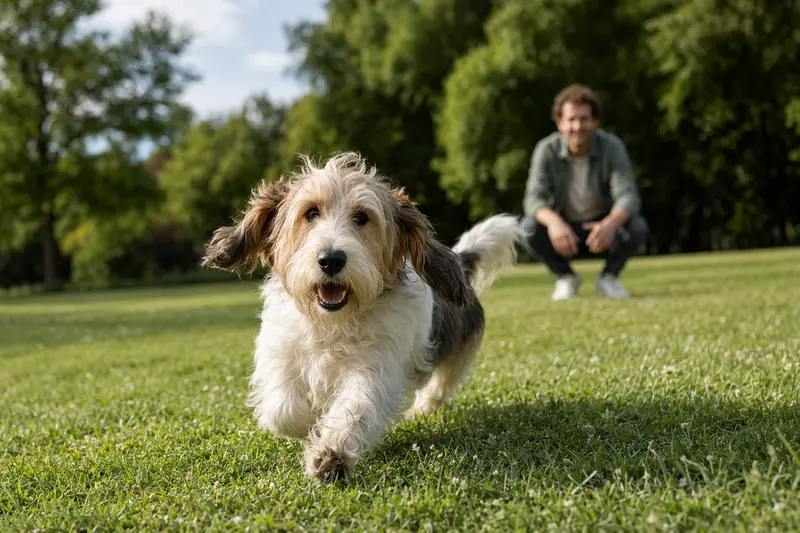 Ein vitaler Basset Griffon Vendeen (Petit) läuft fröhlich über eine grüne Wiese im Park, während sein Besitzer im Hintergrund mit ihm spielt.